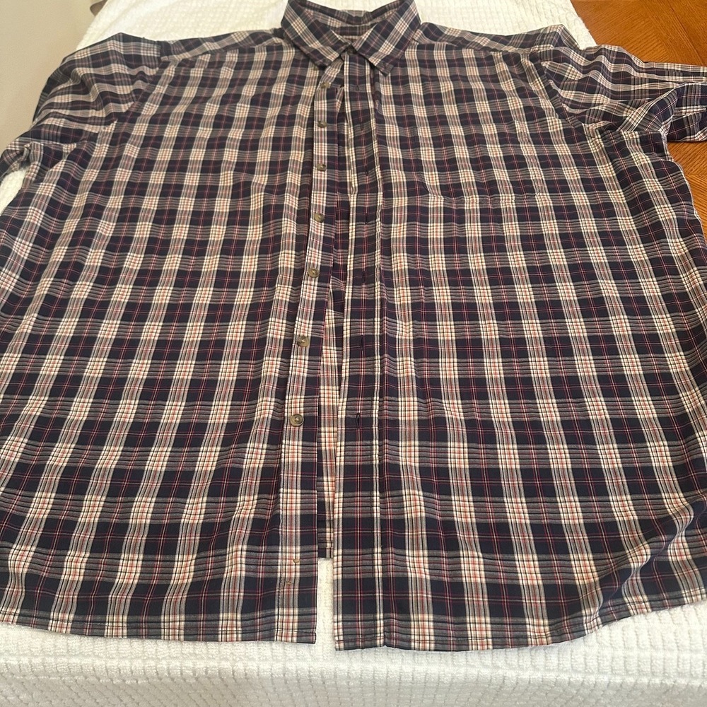 Harbor Bay Shirt Men 2XL Plaid Button Down Short Sleeve Navy Blue Beige Red